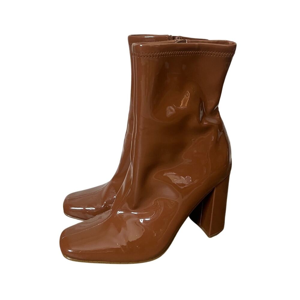 Steve Madden Lynden Brown Patent Ankle Boots Womens 8M Block Heel Side Zip